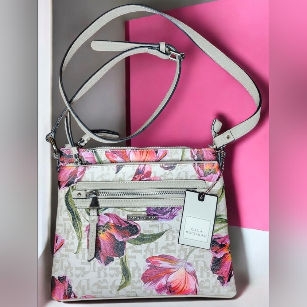 Dana Buchman Gracie Crossbody In Pink & Cream Floral With Adjustable Strap NWT